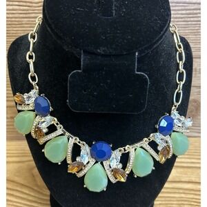 LC Lauren Conrad Statement Necklace Green Blue Brown Beads Rhinestones Gold Tone